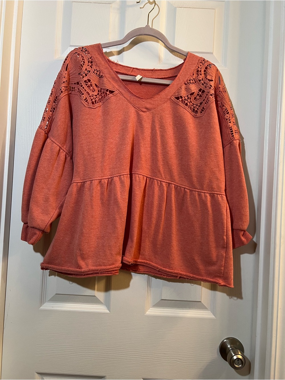 🦋 Women's V-Neck Peplum 3/4 sleeve Tunic with Crochet Shoulder -Coral size large